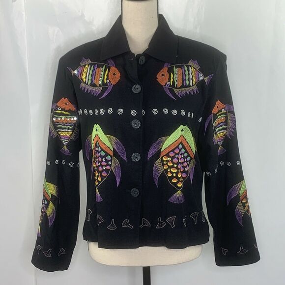 Bala Bala Fish Theme 100% Silk Embroidered Beaded Blazer Size S - Picture 2 of 7